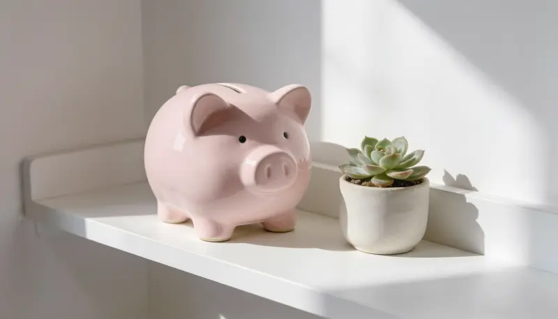 Minimalist white piggy bank on a clean shelf representing financial security