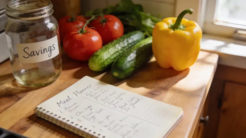 A healthy meal planner on a kitchen counter with fresh vegetables
