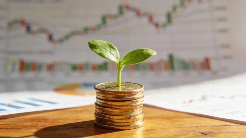 Small green plant growing from a stack of coins representing financial growth